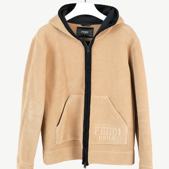 Fendi Tan Corduroy Logo-Embossed Zip Hooded Jacket - Picture 2 of 16